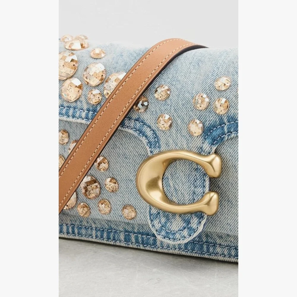 Coach Tabby 26 Denim Shoulder Bag Crystal Embellished Blue Gold Crossbody NWT - Picture 4 of 12